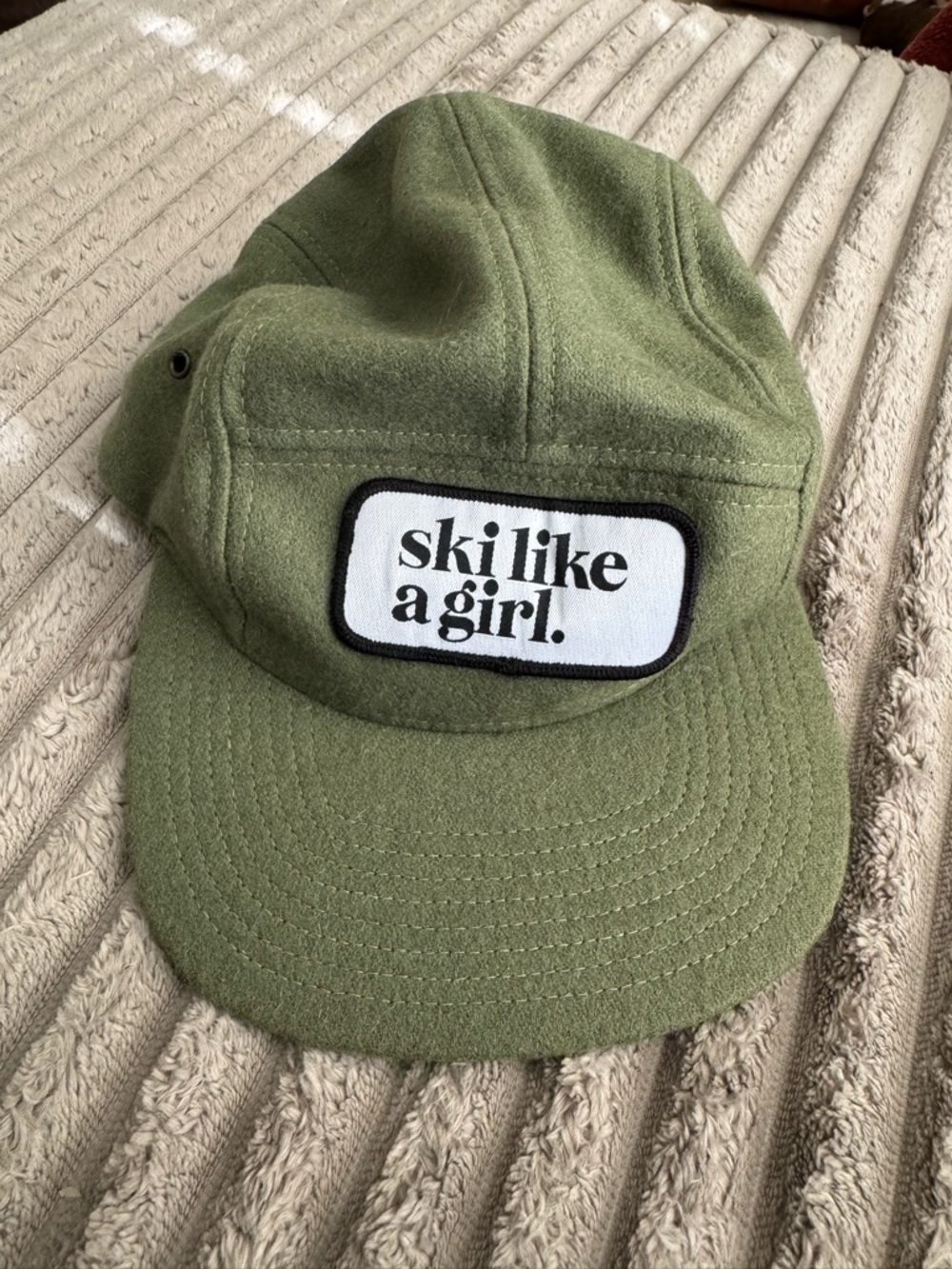 Olive Green 'ski like a girl.' Patch Hat